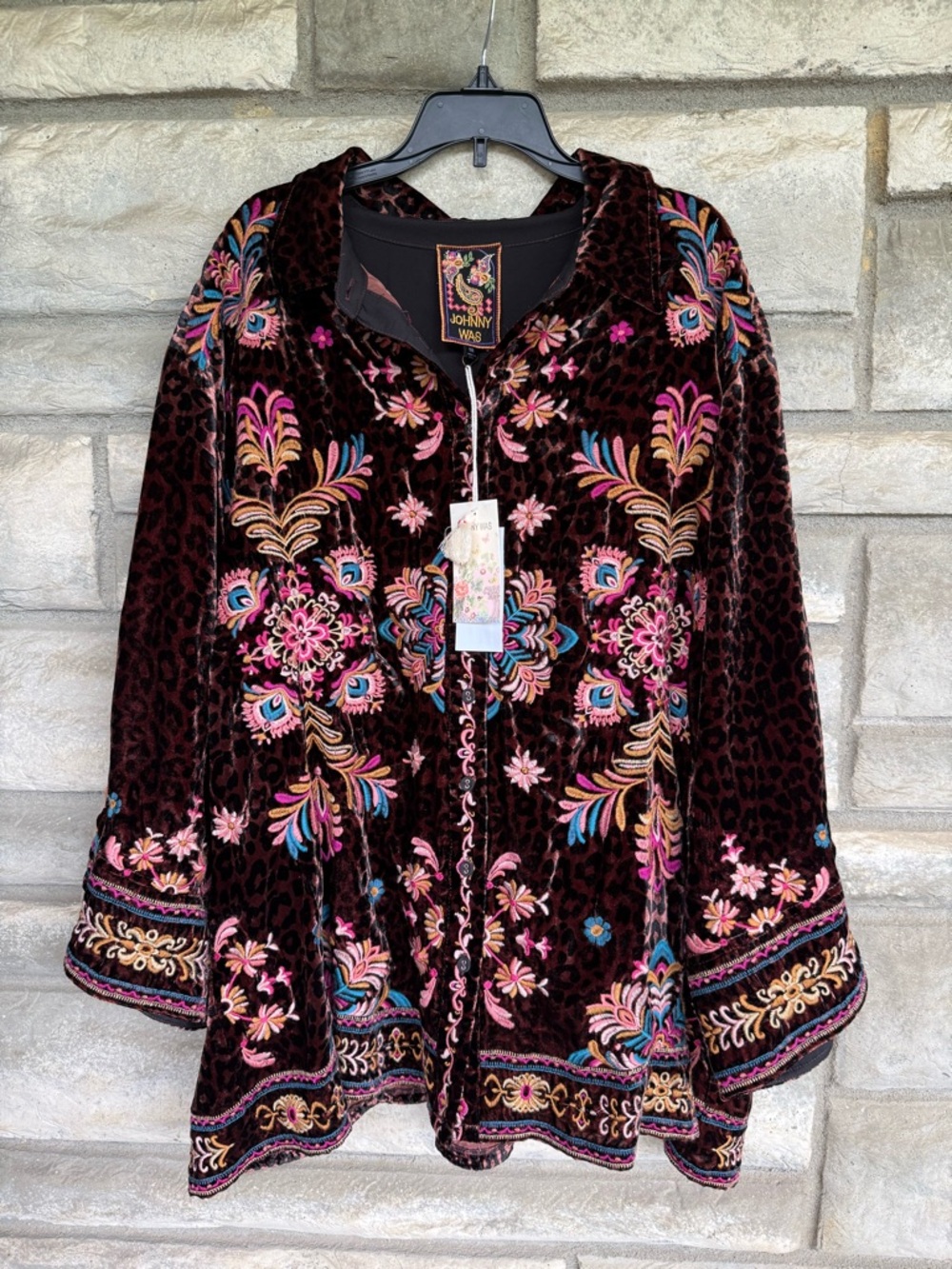 Johnny Was XXL Brandi Embroidered Kimono Sleeve Shirt Misty Leopard Velvet NWT